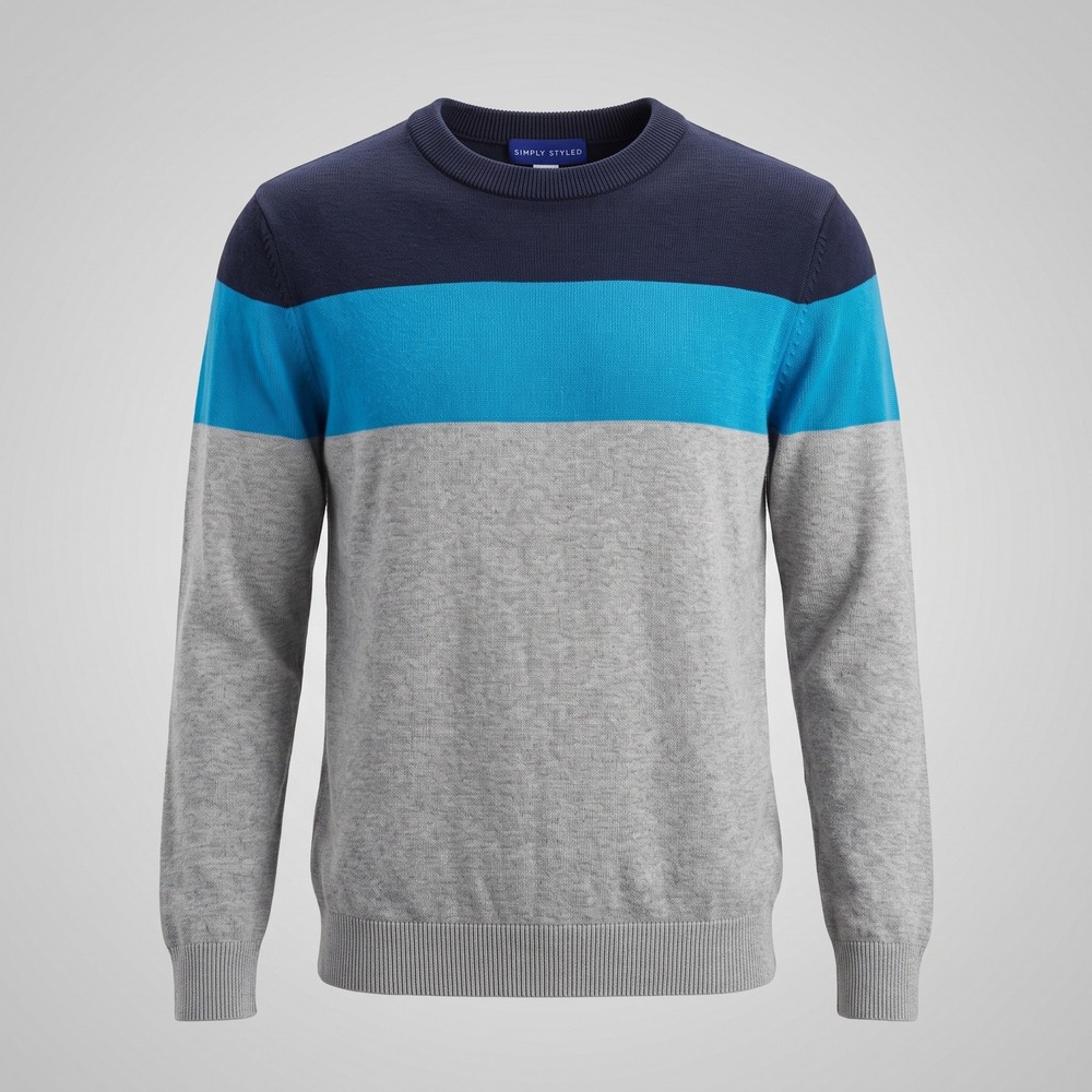 Simply Styled Boys Large Gray Blue Navy Colorblock Cotton Knit Crew Neck Sweater
